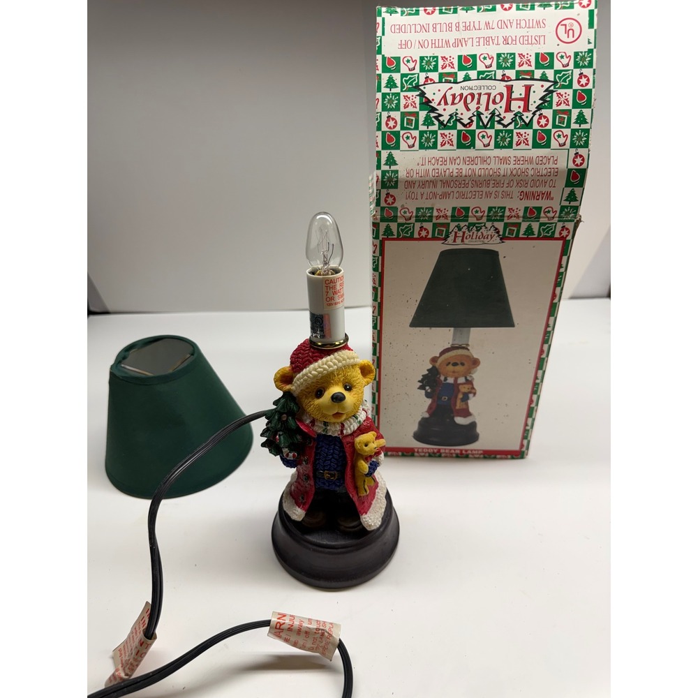 Holiday Collection Teddy Bear Table Lamp Christmas Decor with Green Shadeand Box